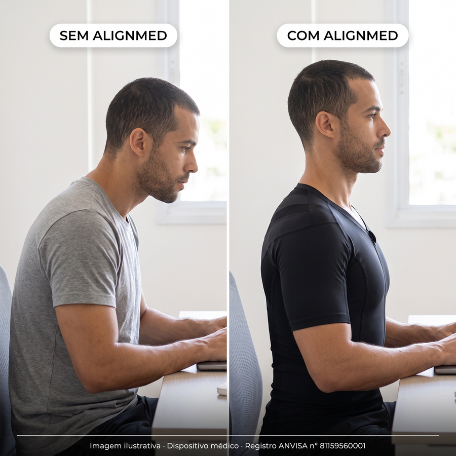 Comparativo da postura de um homem ao computador: à esquerda, ombros projetados para a frente; à direita, com a camiseta postural, ombros para trás e coluna alinhada