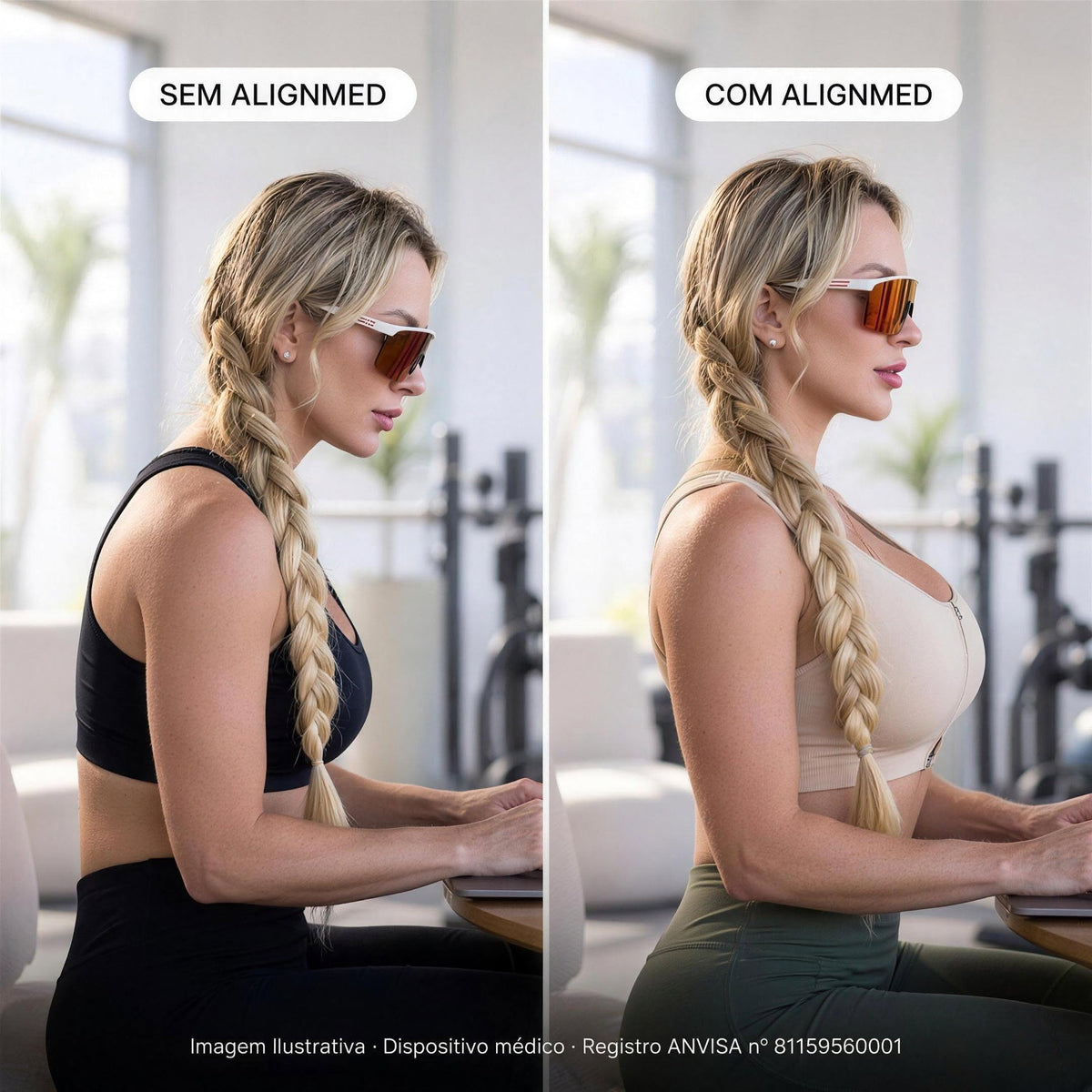 Comparativo SEM e COM Alignmed: mulher ao laptop, mostrando a diferença na posição dos ombros com o top postural feminino — imagem ilustrativa