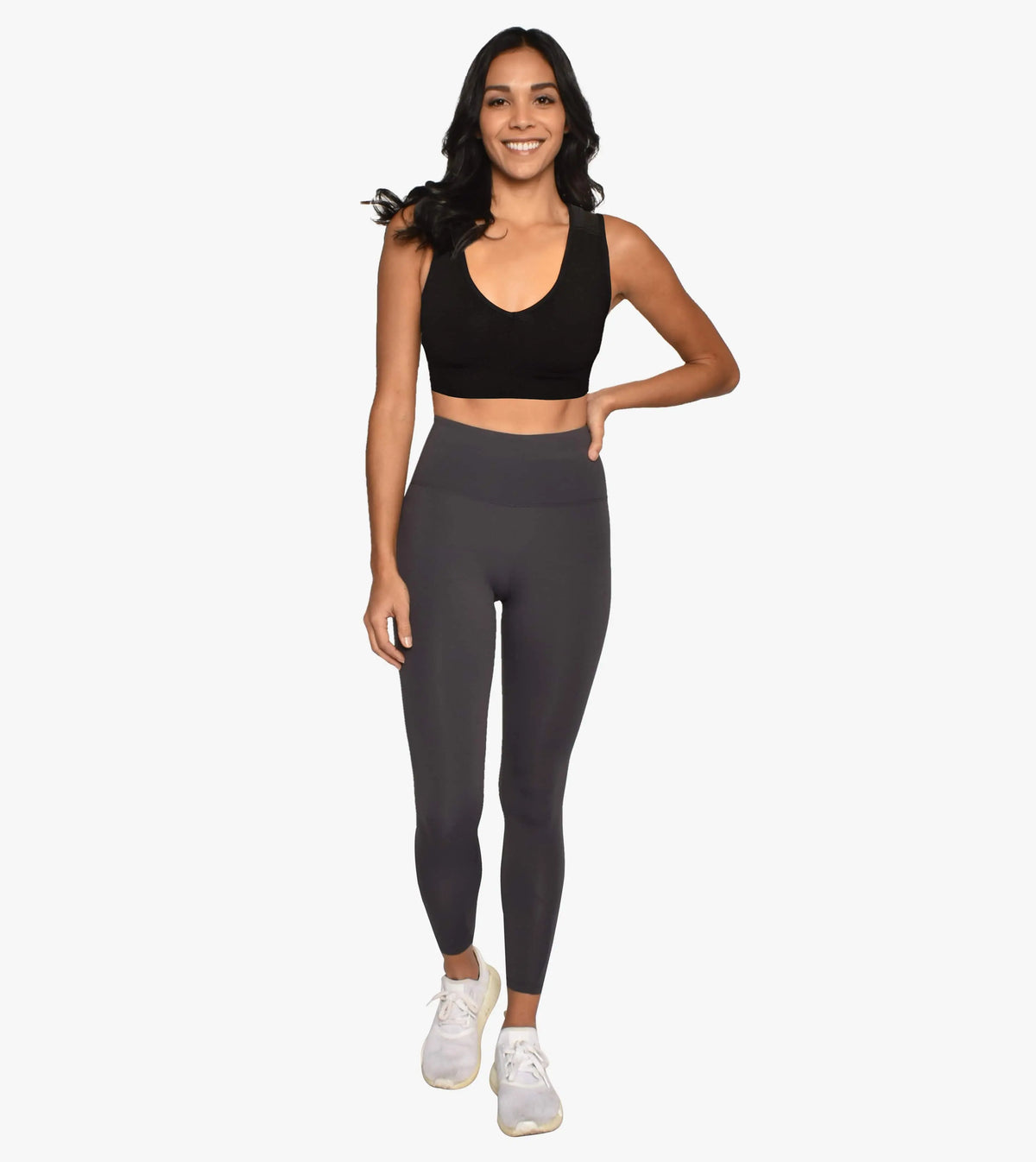 Top esportivo postural feminino pullover preto — vista frontal de corpo inteiro — Alignmed Brasil