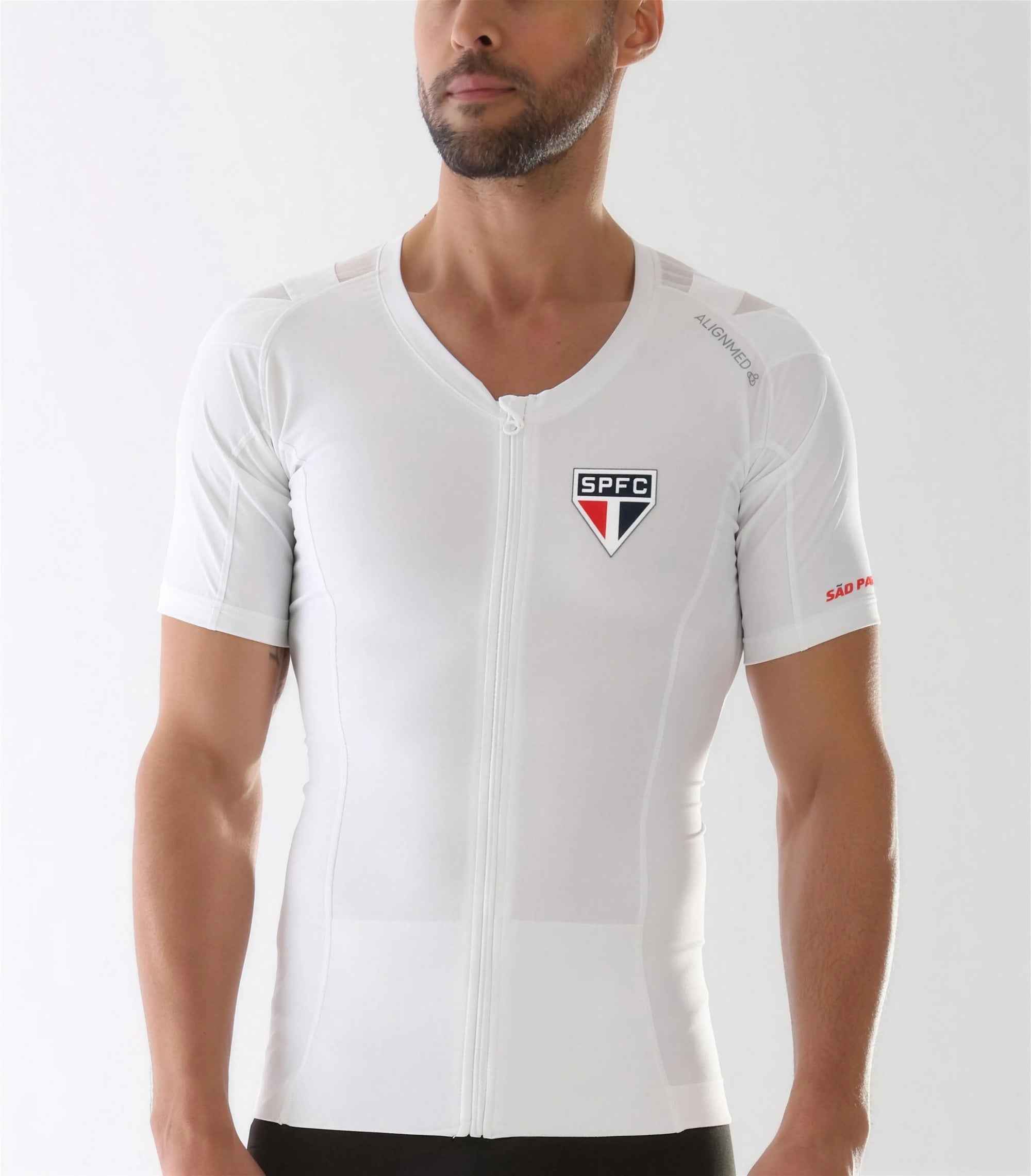Camiseta postural masculina SPFC com zíper branca — Alignmed Brasil
