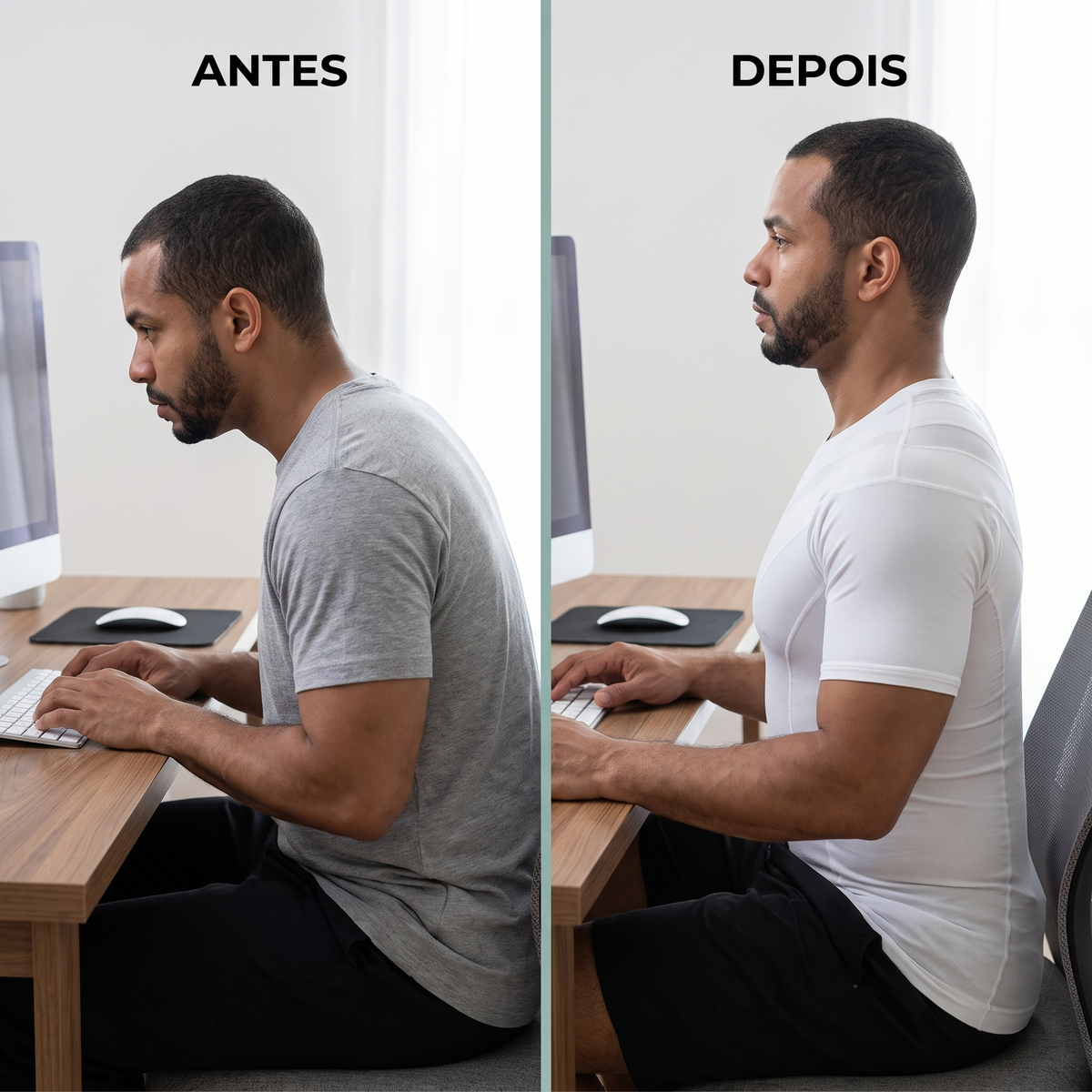 Antes e depois: homem no home office com postura curvada e, depois, ombros para trás e coluna neutra com a Camiseta Postural Masculina Pullover branca. Imagem ilustrativa.