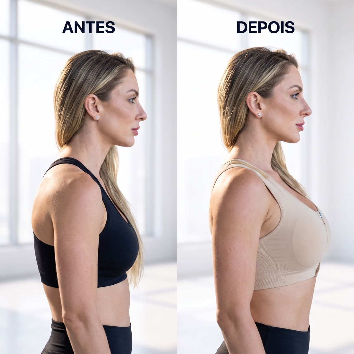 Antes e depois em pé: postura curvada e, depois, ombros alinhados com o Top Esportivo Postural Feminino bege com zíper. Imagem ilustrativa.