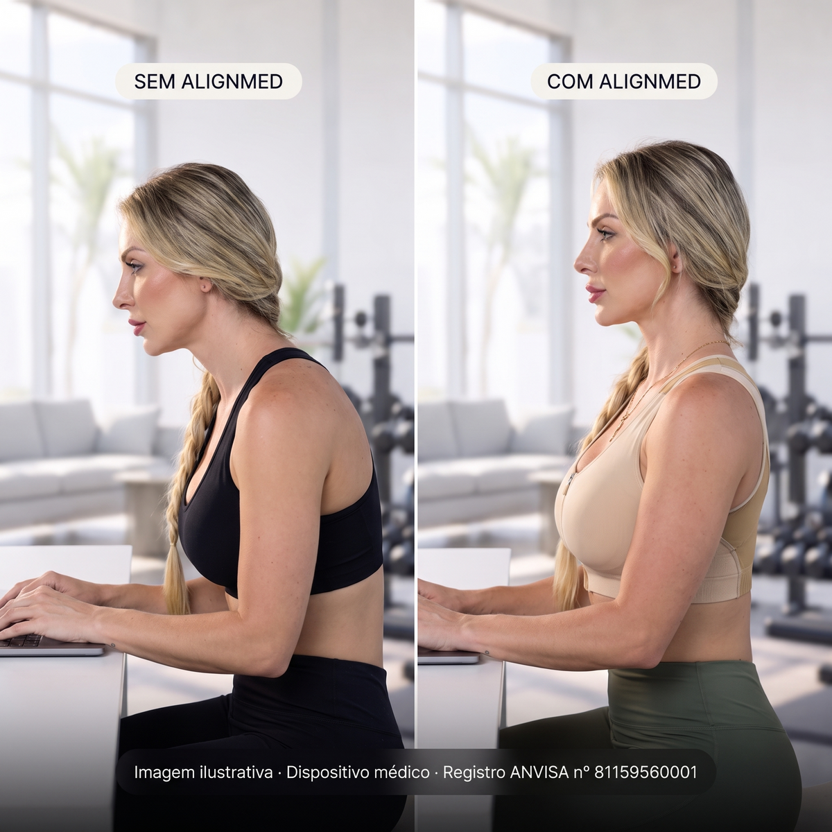 Comparativo sem AlignMed e com AlignMed: mulher sentada ao computador, ombros à frente e, com o Top Esportivo Postural bege com zíper, ombros para trás e coluna neutra. Imagem ilustrativa.