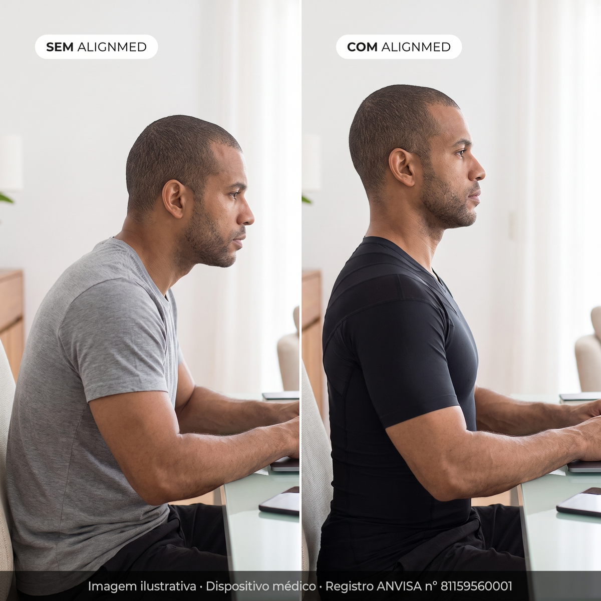 Comparativo sem AlignMed e com AlignMed: homem sentado ao computador, ombros à frente sem a camiseta e postura alinhada com a Camiseta Postural Masculina Pullover preta. Imagem ilustrativa.