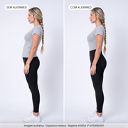 Comparativo sem AlignMed e com AlignMed: quadril inclinado para frente e lombar sobrecarregada e, com a Legging Postural, pelve neutra e quadril alinhado. Imagem ilustrativa.