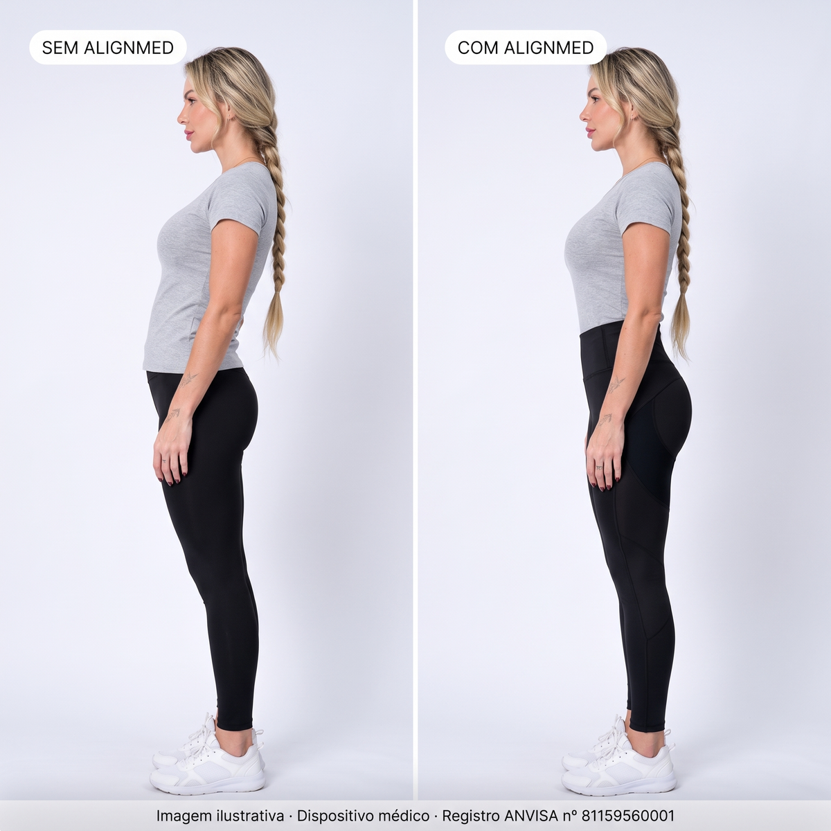 Comparativo sem AlignMed e com AlignMed: quadril inclinado para frente e lombar sobrecarregada e, com a Legging Postural, pelve neutra e quadril alinhado. Imagem ilustrativa.