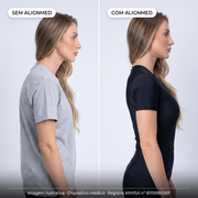 Comparativo sem AlignMed e com AlignMed: postura curvada e, com a Camiseta Postural Feminina Pullover, ombros para trás e coluna neutra. Imagem ilustrativa.