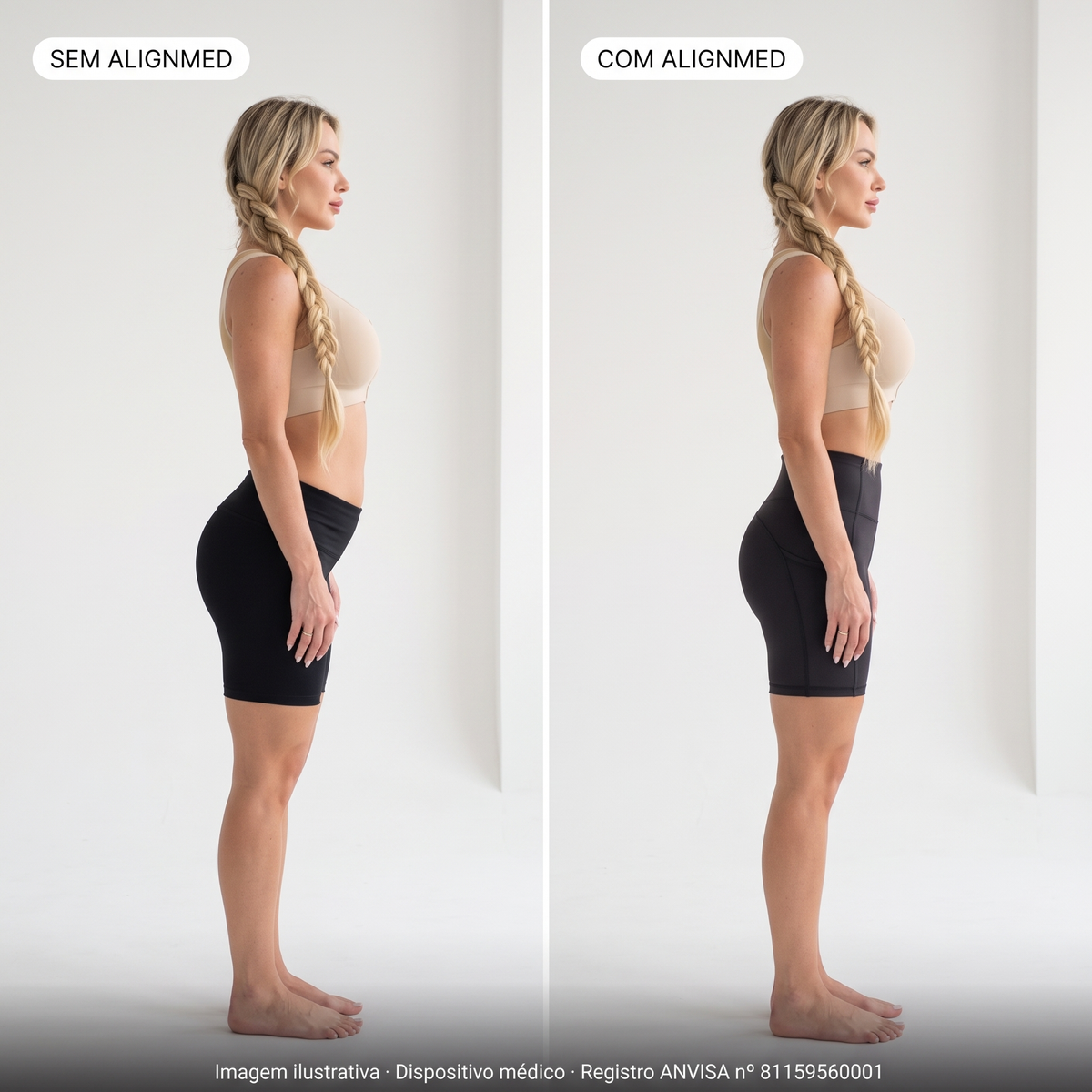 Comparativo sem AlignMed e com AlignMed: quadril inclinado para frente e lombar sobrecarregada e, com a Bermuda de Ciclismo Postural, pelve neutra e quadril alinhado. Imagem ilustrativa.