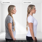 Comparativo sem AlignMed e com AlignMed: postura curvada e, com a Camiseta Postural Feminina com zíper, ombros para trás e coluna neutra. Imagem ilustrativa.