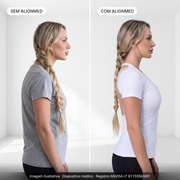 Comparativo sem AlignMed e com AlignMed: postura curvada e, com a Camiseta Postural Feminina com zíper, ombros para trás e coluna neutra. Imagem ilustrativa.