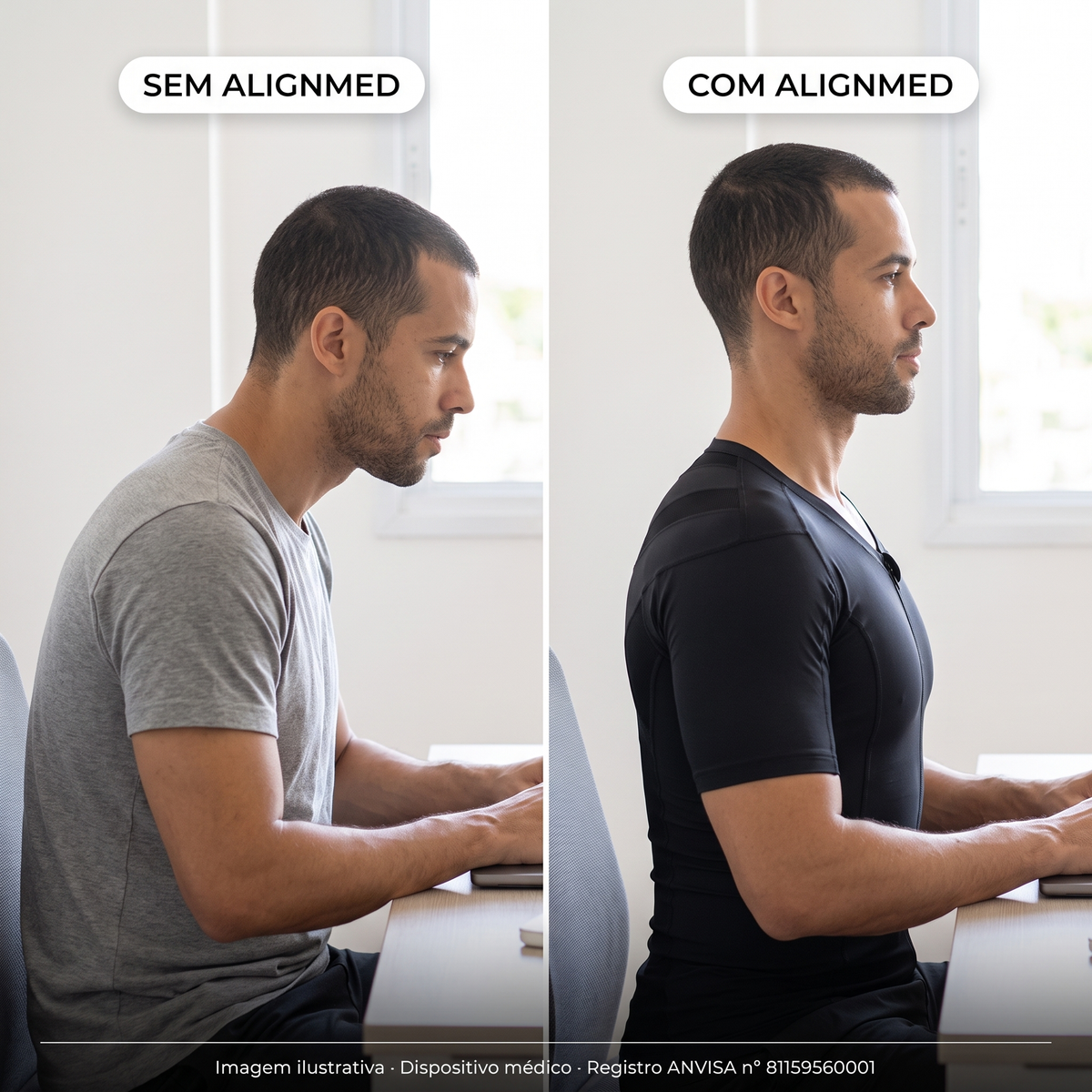 Comparativo sem AlignMed e com AlignMed: homem ao computador com ombros à frente e, com a Camiseta Postural Masculina com zíper, postura alinhada. Imagem ilustrativa.